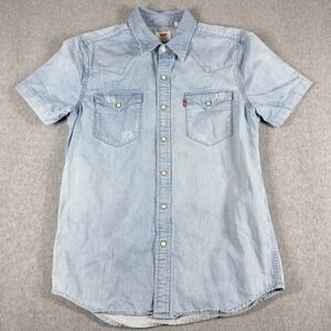 Levis‎ Pearl Snap Denim Shirt Womens Small Blue Western Cowgirl Short Sleeve